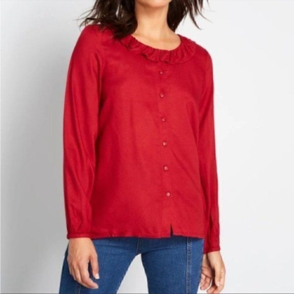 Modcloth Ruffle Collar Blouse The Frill Of It Top Red XS
